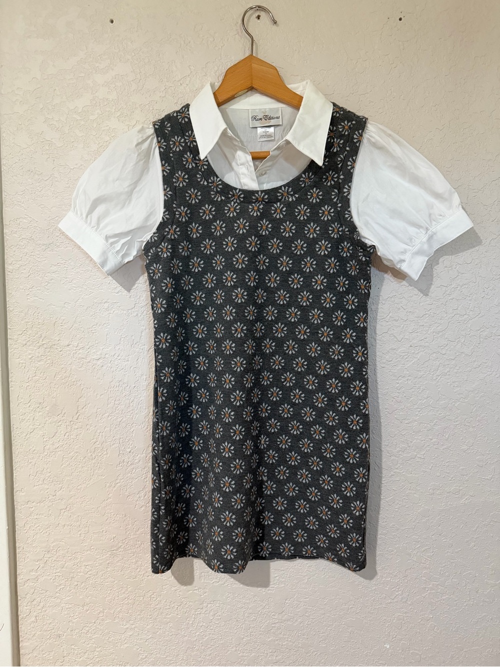 Rare Editions Gray Floral Pinafore Dress with White Shirt